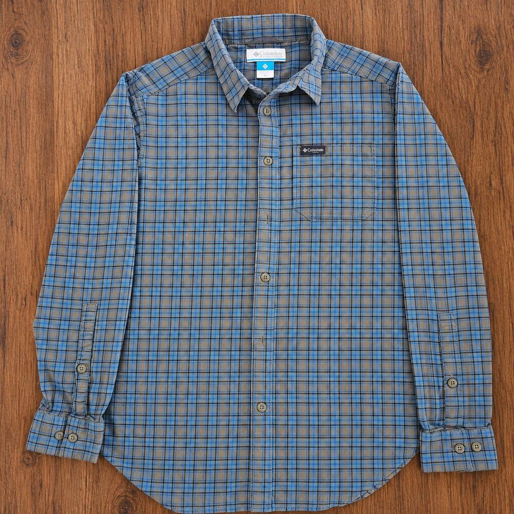 Columbia Sportswear Men's M Plaid Button Down Shirt Blue Gray Cotton Stretch